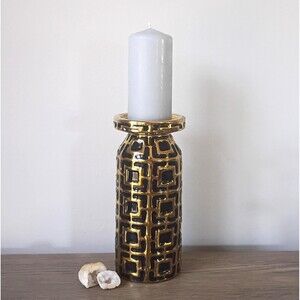 Ceramic Black and Metallic Gold Taper Pillar Candle Holder